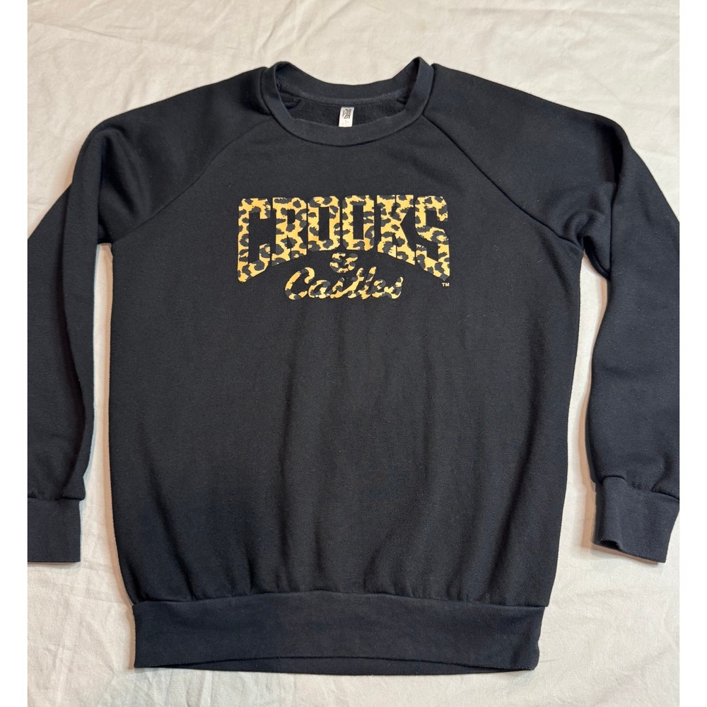 Crooks & Castles Mens Small Black Leopard Print Logo Raglan Crewneck Sweatshirt